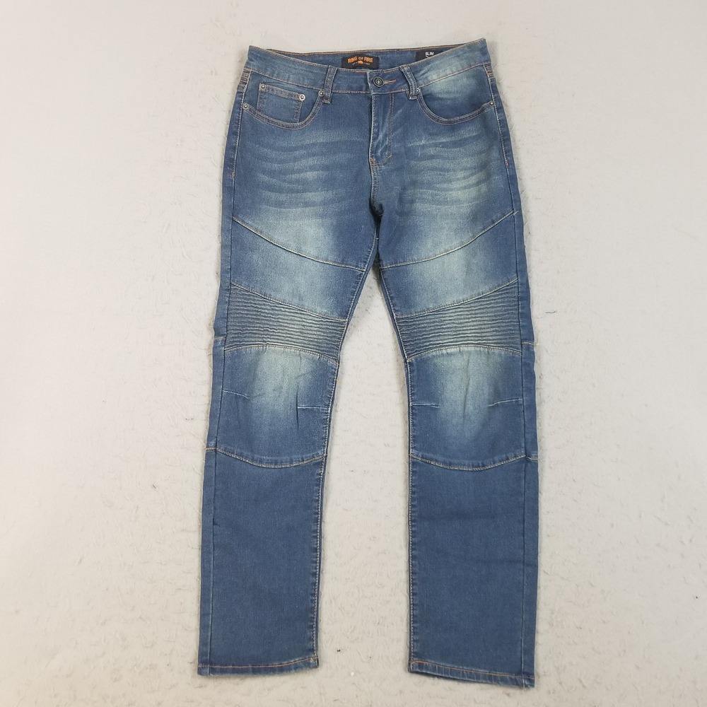 Ring of Fire Jeans Mens 32x30 Blue Slim Moto‎ Biker Ribbed Panel Stretch Denim